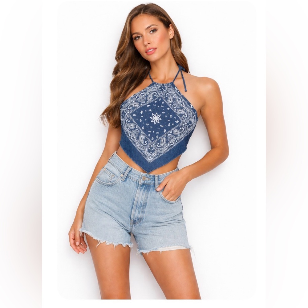 Denim Blue Bandana Halter Top with White Paisley Print